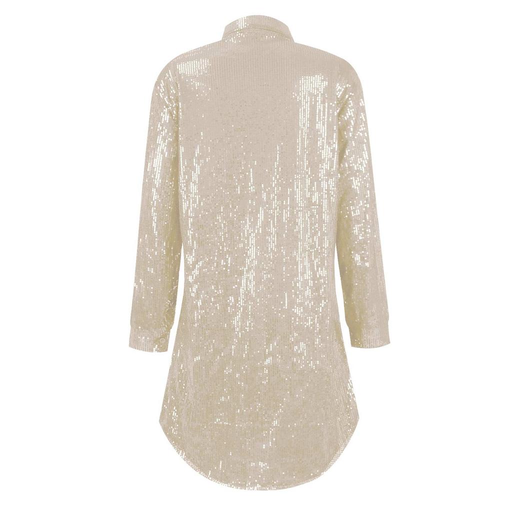 Женское свободное платье-рубашка на пуговицах с пайетками и длинными рукавами для вечеринок и клубов