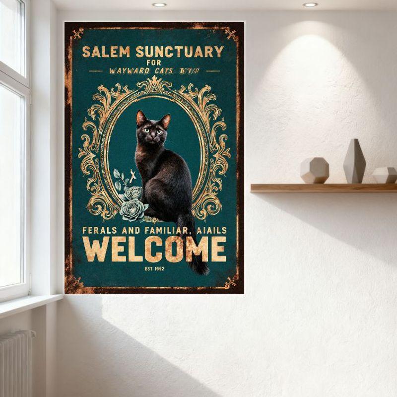 Винтажная жестяная табличка Salem Sanctuary для бездомных кошек, Декор с изображением дикой кошки, черного кота и белых роз, Добро пожаловать, ОСН. 1992, Ретро Ho