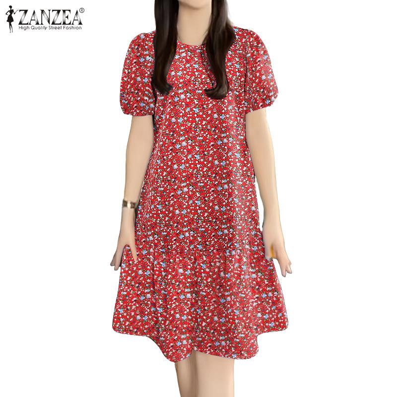 ZANZEA Women's Summer Round Neck Short-Sleeve Floral Print Dress