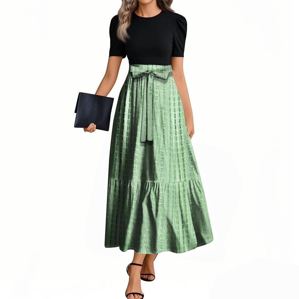 Женские модные повседневные платья с поясом, коротким рукавом, круглым вырезом, геометрическим узором, элегантные платья с темпераментом