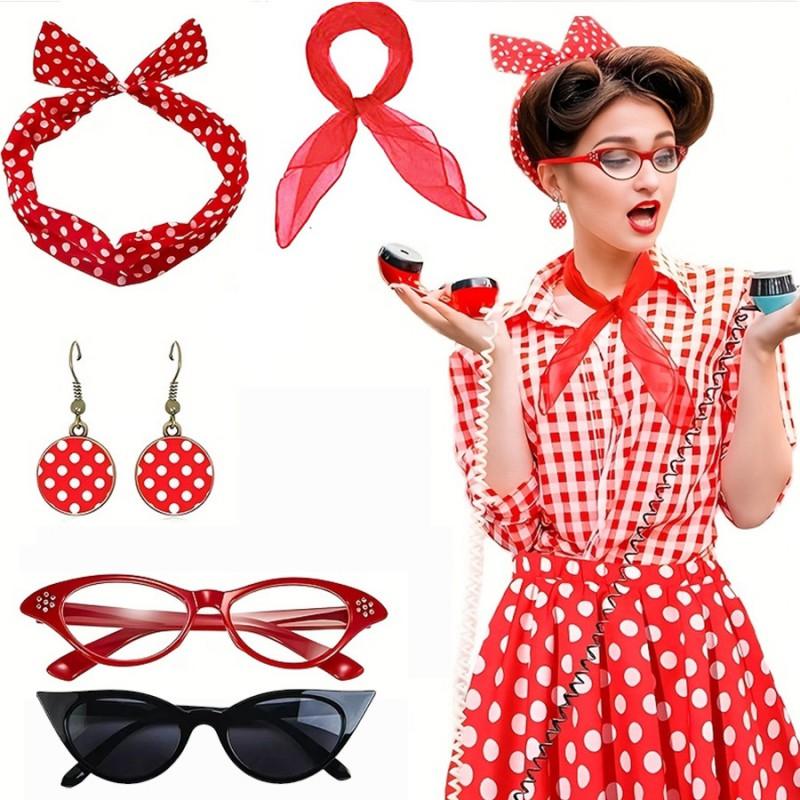 Vintage 1950s Costume Set Polka Dot Earrings Headband Glasses Party Cosplay