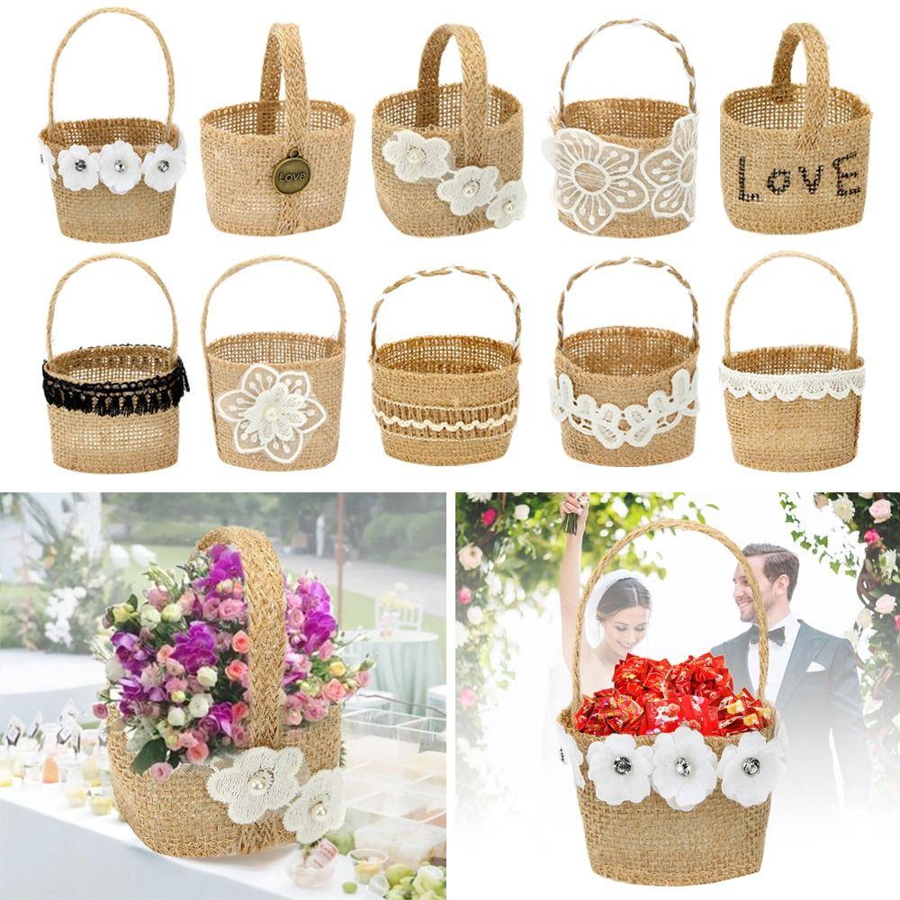 2pcs Lace Bowknot Flower Girl Basket Retro Candy Gift Bag Wedding Ceremony Party Decoration