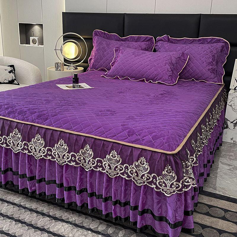 Кружевной стеганый комплект из трех предметов: юбка для кровати из хрустального бархата для тепла осенью и зимой, коралловое покрывало, утолщенное флисовое покрывало, защитный чехол, постельное белье