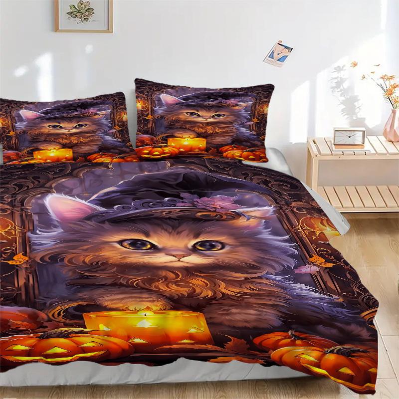 3pcs Witch Hat Kitty Art Duvet Cover Set -Includes 1 Duvet Cover and 2 Pillowcases, No Quilt Core, All-Season Home Decor yy251111119