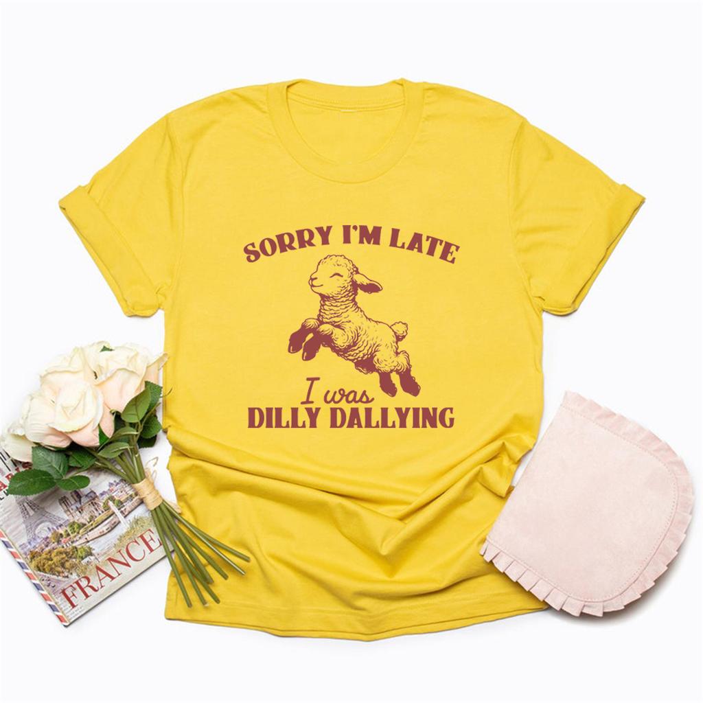 Извините, я опоздал, я просто валялся, футболки, милая футболка с изображением ягненка и овцы, повседневная футболка с коротким рукавом, забавная женская одежда, футболка с круглым вырезом