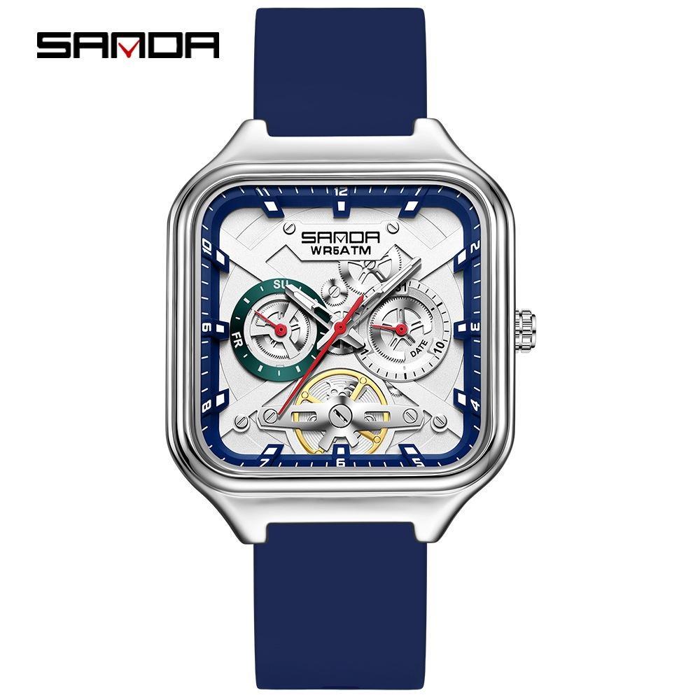 Luxury Men's Quartz Watch Fashion Square Case Week Date Display Waterproof with Silicone/Mesh Band Casual Wristwatch for Men