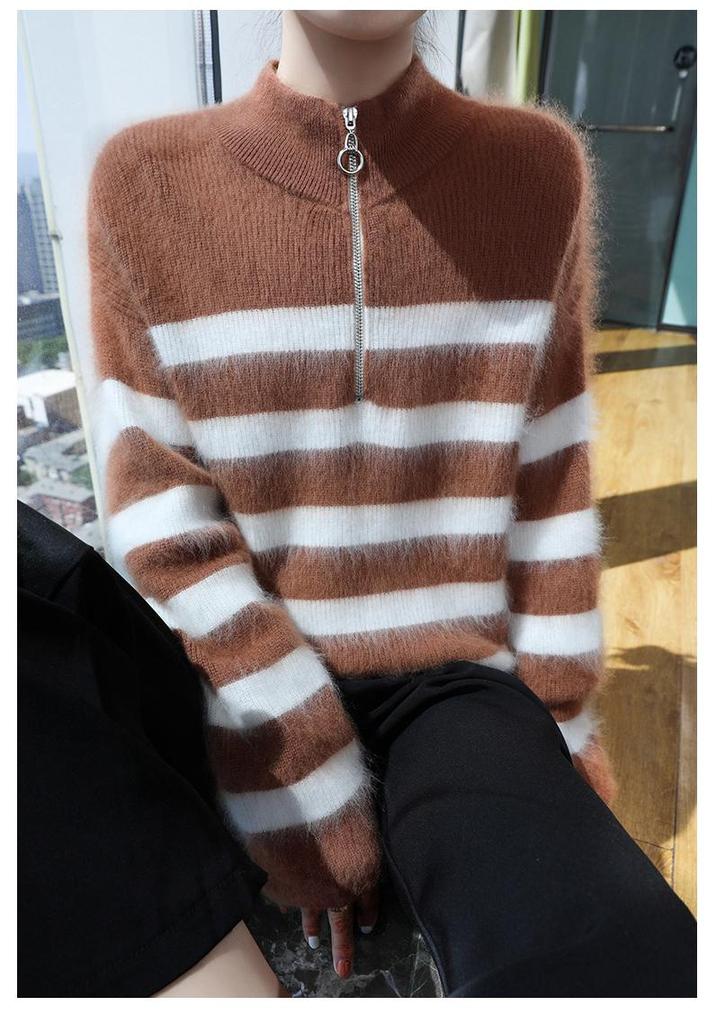 LeKasha Mink Cashmere Half-Zip Color Block Stripe Sweater