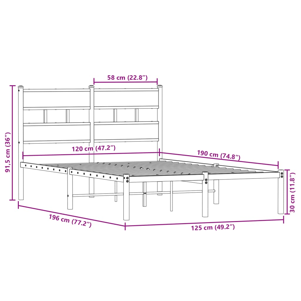 Metal Bed Frame without Mattress Smoked Oak Finish 120x190 cm