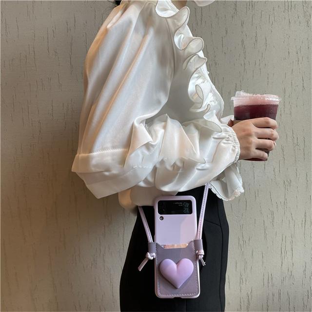Fashion Korean Leather Crossbody Lanyard Card Wallet 3d Love Phone Case For Samsung Galaxy Z Flip Z Flip 3 5g Zflip 4 Cover Capa