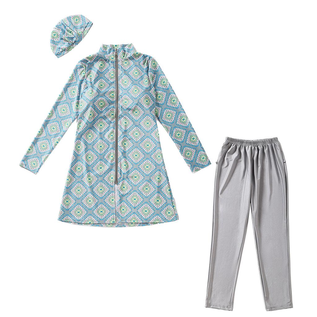 S-3XL женский мусульманский купальник с длинным рукавом, купальный костюм с кепкой и принтом, купальник с полным покрытием, купальный костюм из 3 предметов, защита от солнца