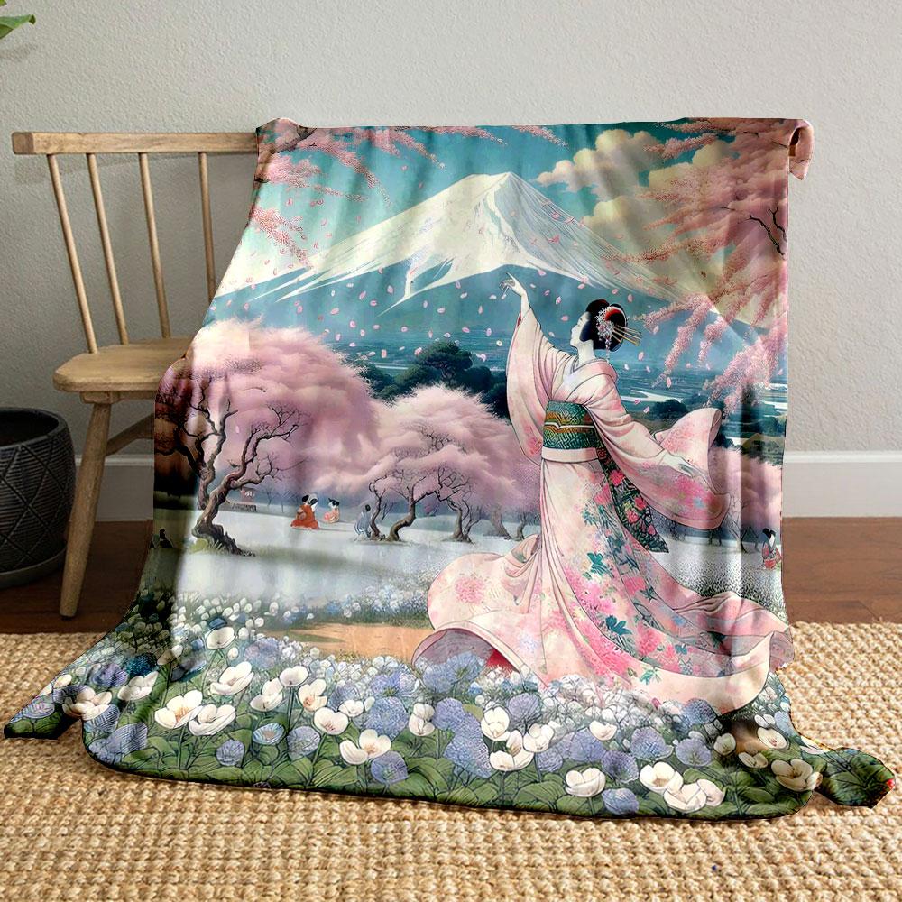 Cherry Blossom Geisha with Mount Fuji Patterned blanket, flannel, suitable for all seasons, home decor, warm and cozy