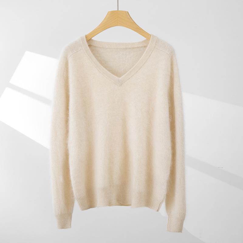 Women's Cashmere V-Neck Pullover, Loose Brushed Knit, Autumn/Winter 2025, All-Color Base Layer Sweater