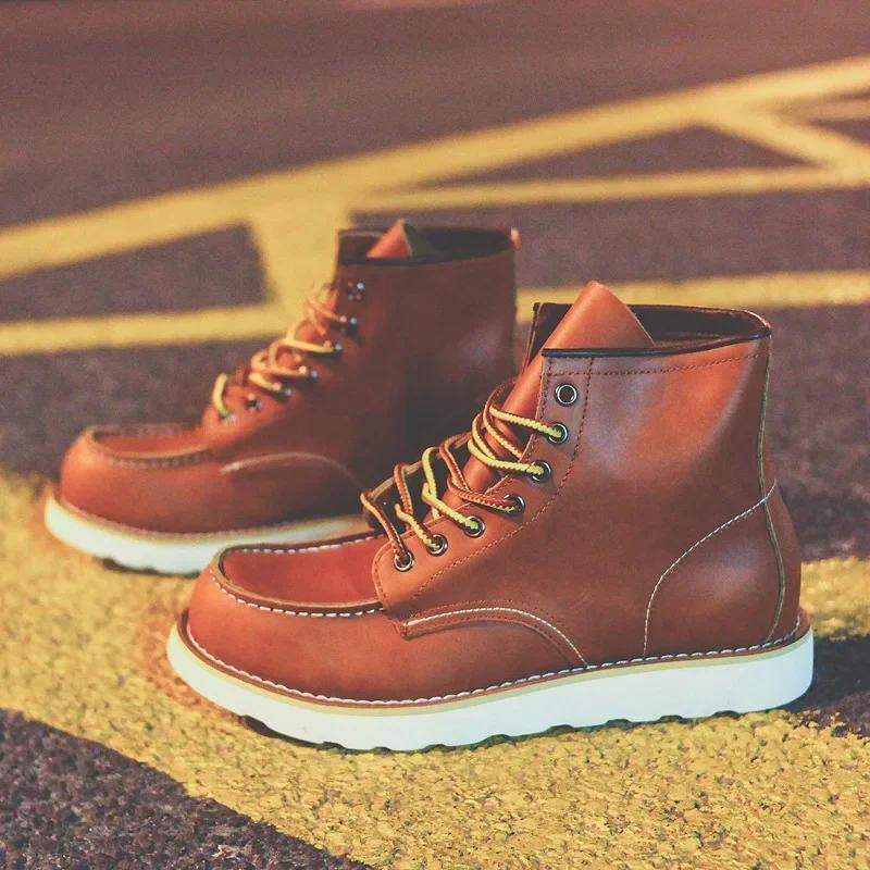 Fashion Genuine Leather Men's Boots Vintage Tooling Boots Women Lovers' Short Boots Woman  Rhubarb Boots Men's Shoes