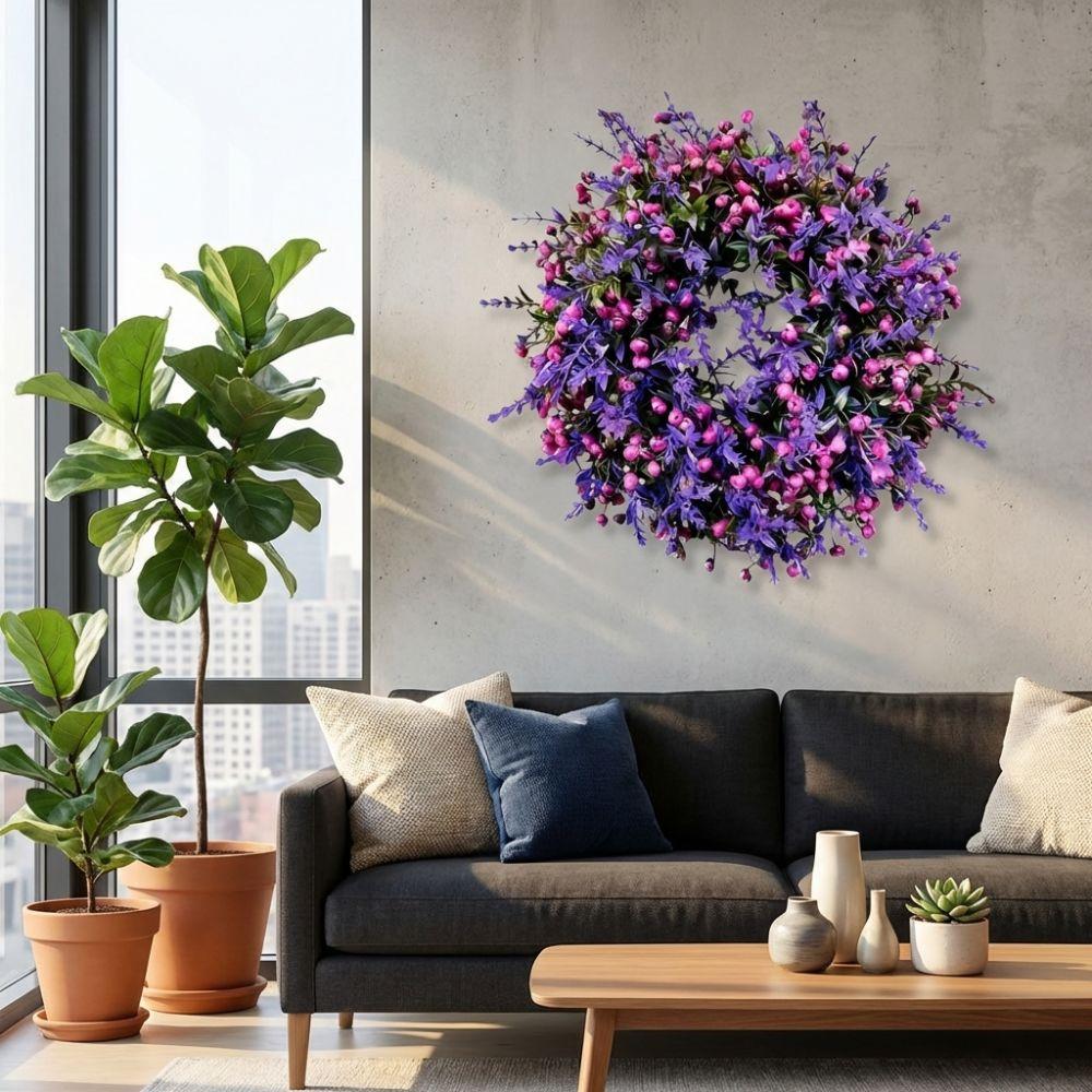 Plastic Lavender Floral Wreath Lifelike Door Hanging Wreath Front Door Decoration