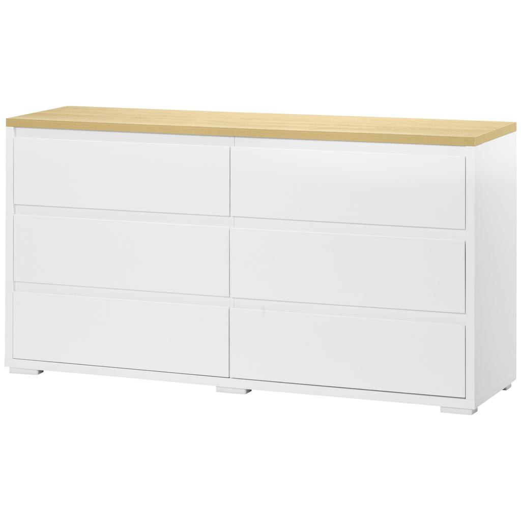 6-Drawer Chest of Drawers in White Chipboard for Bedroom, Study and Living Room, 140x37x75cm