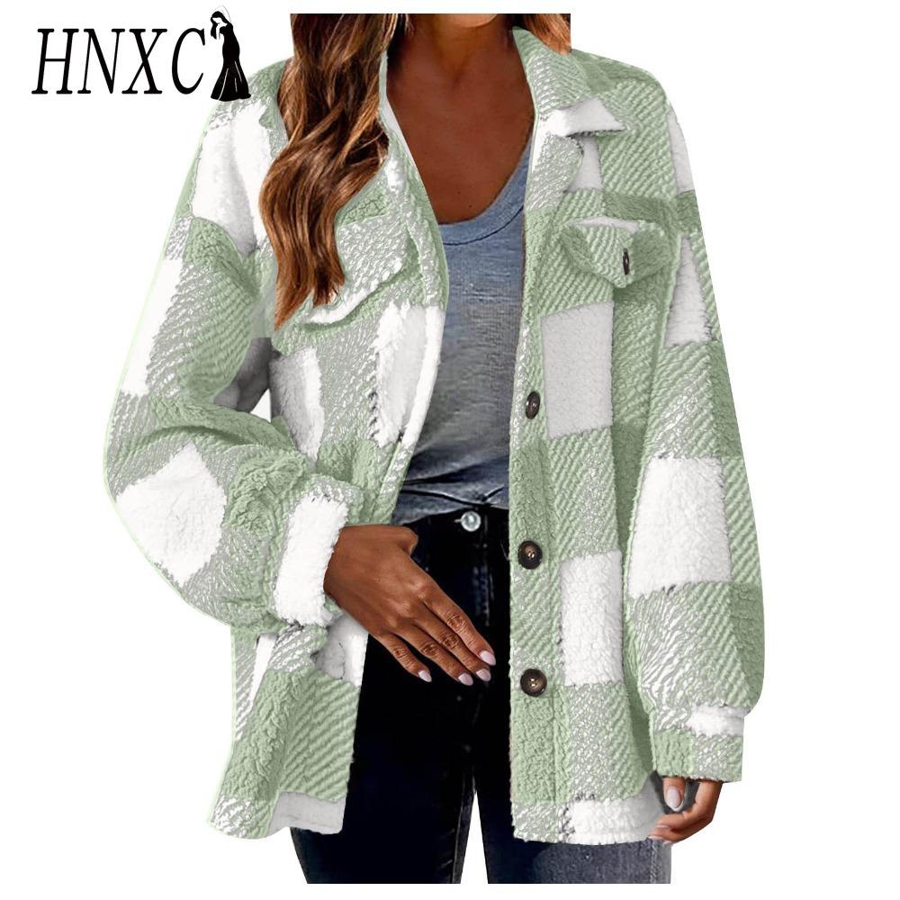 HNXC Женские винтажные повседневные решетчатые куртки и пальто с длинным рукавом и воротником-поло на осень-зиму