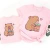 Cute Capybara Loves Bubble Tea Print Women Kids T-Shirt Summer Children's Short-sleeved Casual Pink Tops Adults Boys Girls Gifts