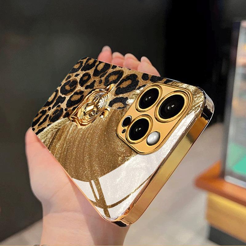 Чехол для телефона из стекла с принтом леопарда и льва, золотая металлическая краска, для iPhone 17 Pro Max 16 15 14 13 12 11 Pro 15 14 Plus 17 Air 16E