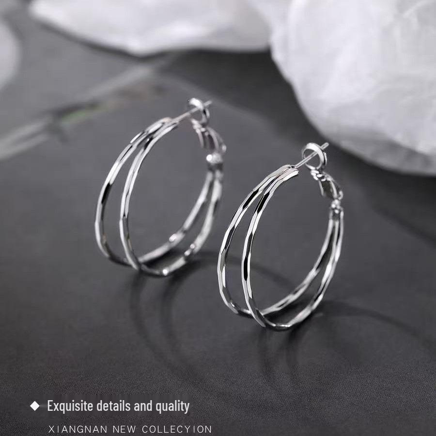 Серьги-кольца из стерлингового серебра 925 пробы, двойной слой, нишевый дизайн, издание 2025 года - Высококачественные пусеты для женщин.