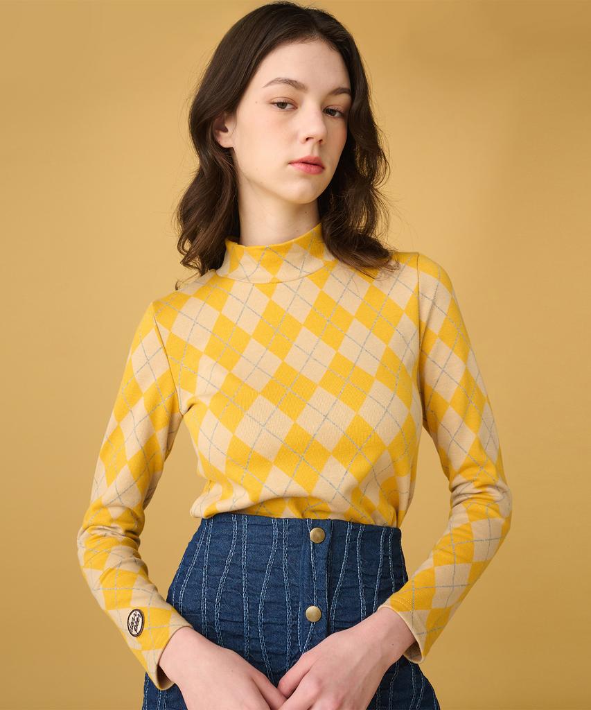 DEAR,PEER Argyle High-Neck T-Shirt Yellow