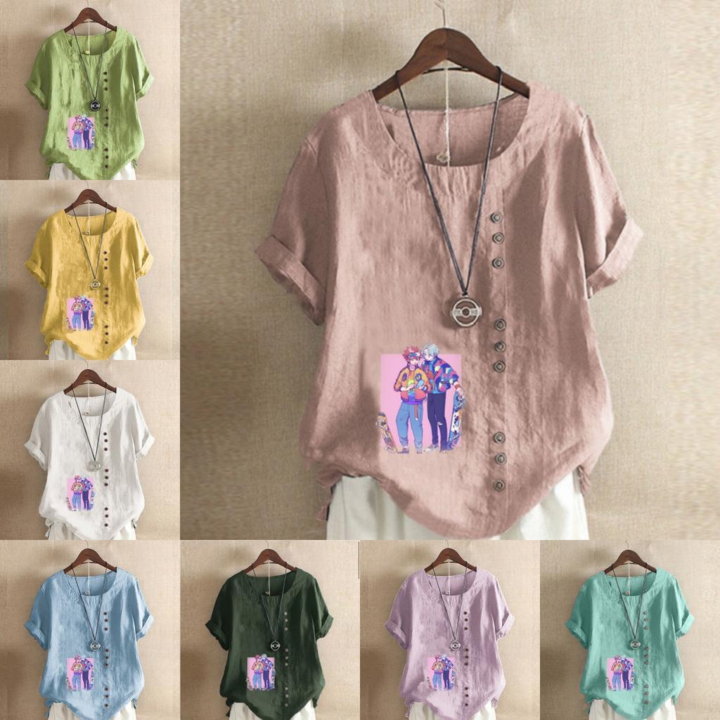 Women's Fashion Round Neck Short Sleeve T-shirt Casual Cotton Linen Graphic Shirt Leisure Loose Boys Prined Summer Blouse Tops