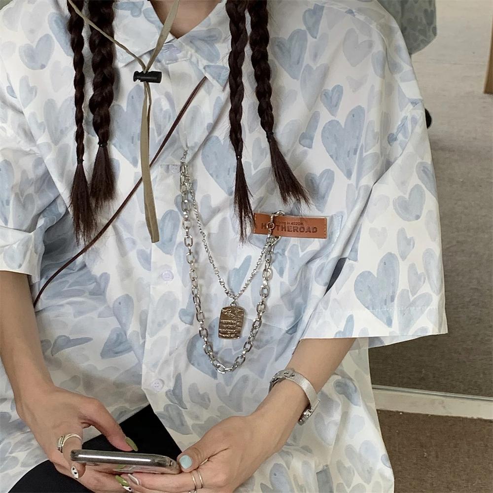 Harajuku Streetwear Vintage Heart-shaped Printing Design Short Sleeve Casual Loose Chain Single Breasted Oversized Blouses Shirt