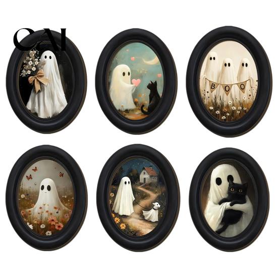 Niche Autumn Room Accent Halloween Gothic Oval Wooden Hanging Plaque, Vintage Black Cat Ghost Wall Art Sign, Retro Waterproof Decorative for