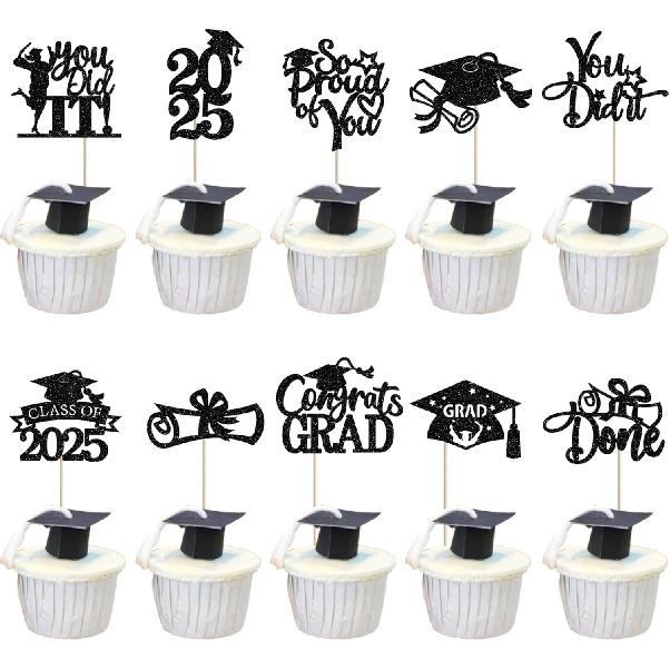 1 PCS High Heel Girl Graduation Cake Topper Black Pink Glitter Done Diploma Class of 2025 Congrats Grad Cap Cake Pick for 2025 Senior High School