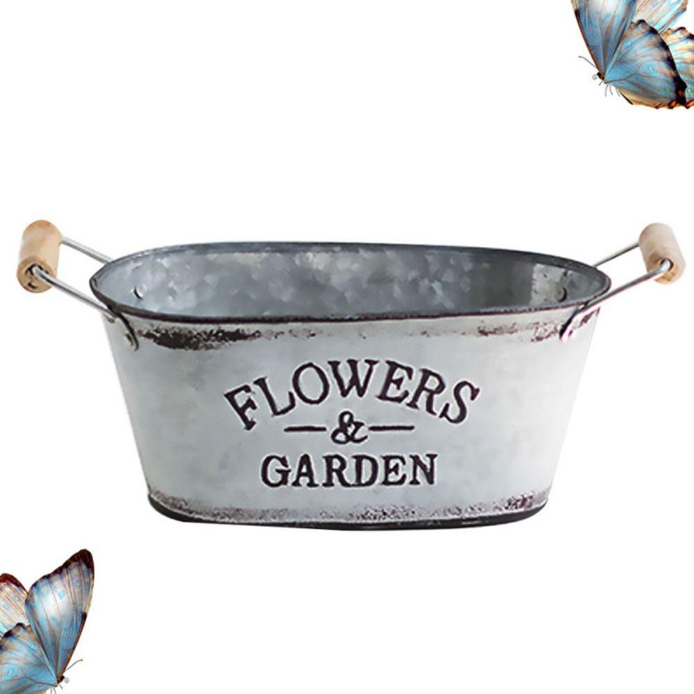 Rustic Iron Oval Flowerpot European Style Wooden Flower Bucket Retro Flower Vase  Succulent Plants