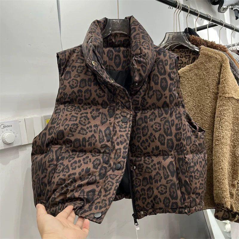 Fashion Leopard Print Short Vest Stand Collar Warm Sleeveless Jacket Women Outerwear Autumn Winter