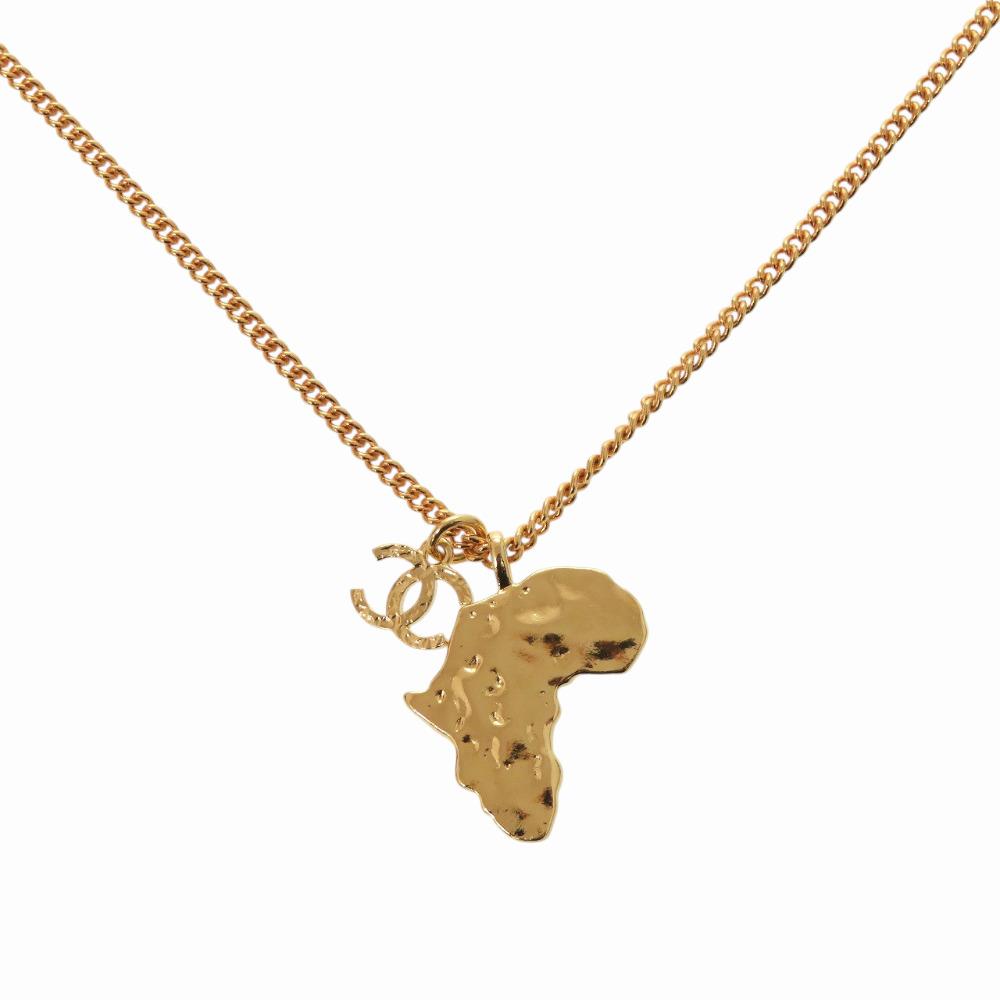 Used AUTHENTIC CHANEL CC Mark African continent motif Necklace Gold Metal Faux pearl