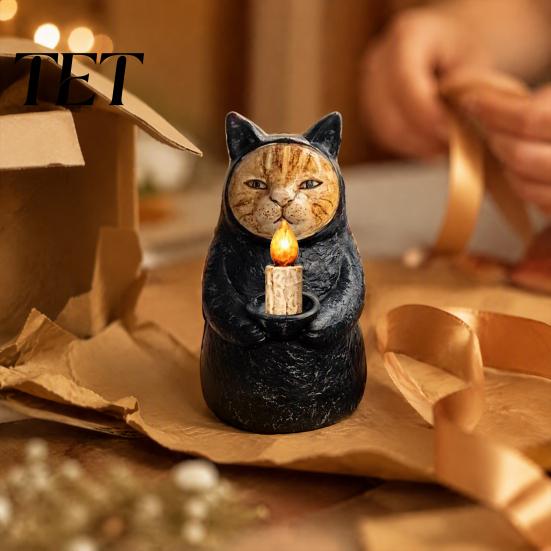 Spooky Table Centerpiece Hooded Black Cat Resin Figurine, Gothic Statue with Candle Holder, Mysterious Unique Holiday Presents Decor Ornament