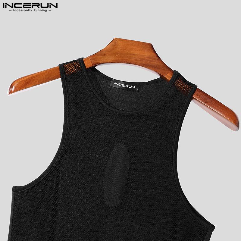 INCERUN Мужские комбинезоны без рукавов с прозрачными отверстиями, сетчатые, лоскутные, обтягивающие комбинезоны