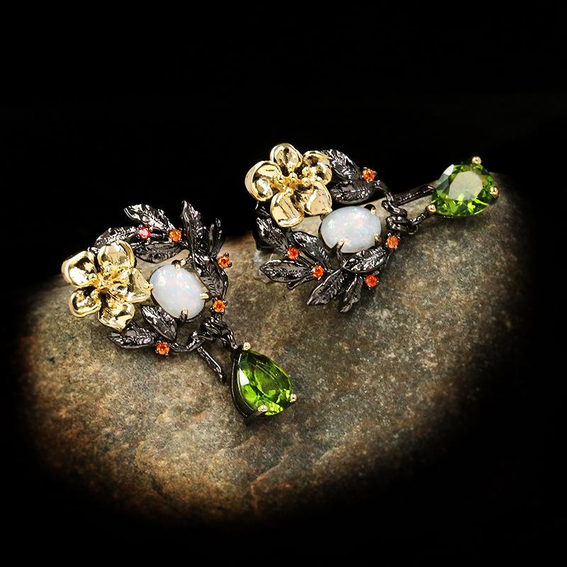 Элегантные женские серьги-капли с растительным цветком и жемчугом, зеленый циркон, серьги с опалом, женские ювелирные изделия, роскошные женские серьги из черного золота