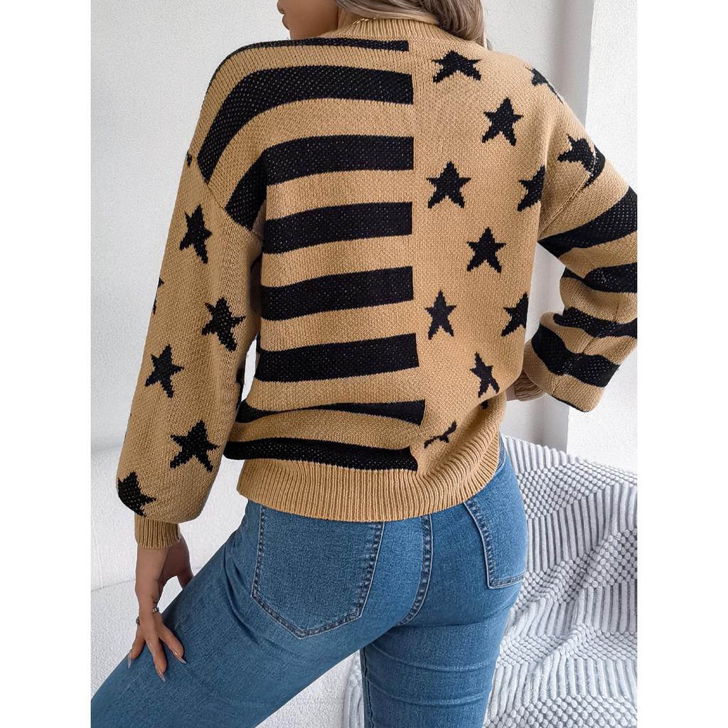 HNXC Повседневный свитер-пуловер с длинными рукавами-фонариками в осенне-зимнюю полоску со звездами, женская одежда