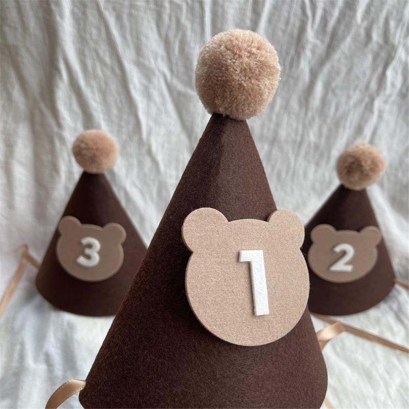 Brown Coffee Bear Baby Birthday Hat Shower Party Decoration Pom Pom Peaked Cap Adjustable Size for 1st 2nd 3rd Years Old