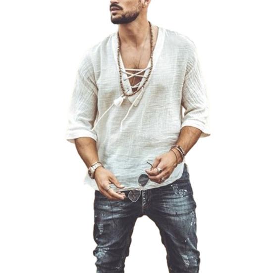 Мужская повседневная хлопково-льняная рубашка с полурукавом, V-образным вырезом и шнуровкой, футболки в богемном винтажном пляжном летнем стиле