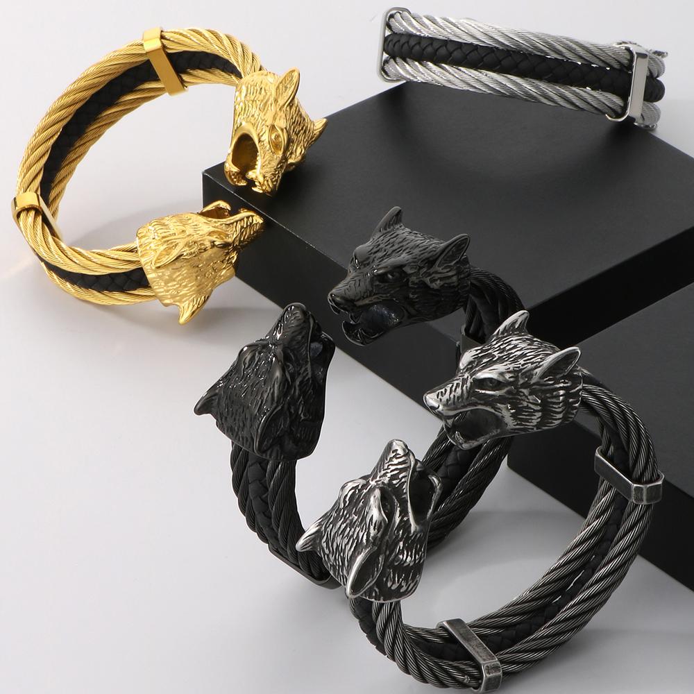 Готический эластичный двойной волчий череп открытый браслет-манжета для мужчин 12 мм витая цепочка сплошной из нержавеющей стали мужские браслеты