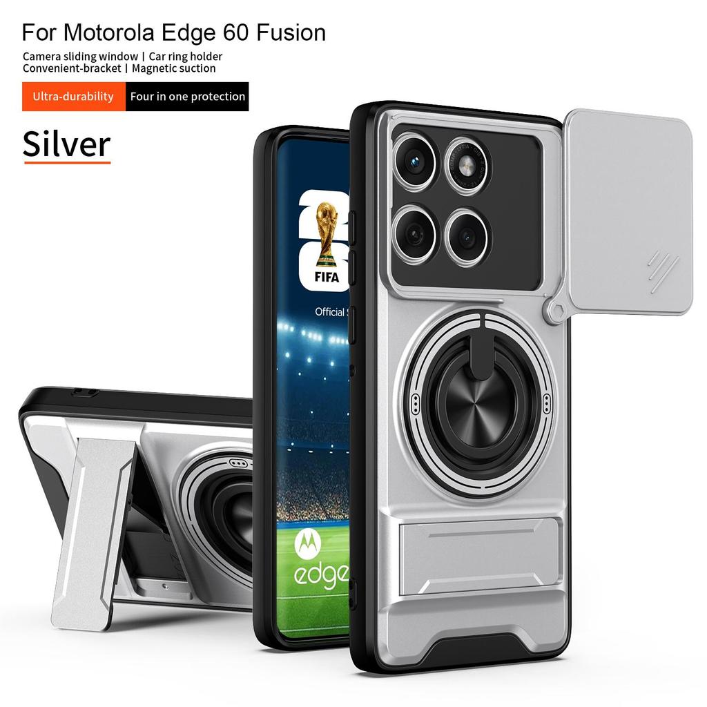 Чехол для Motorola Edge 60 Fusion со шторкой для камеры, встроенным кольцом-подставкой и складной подставкой