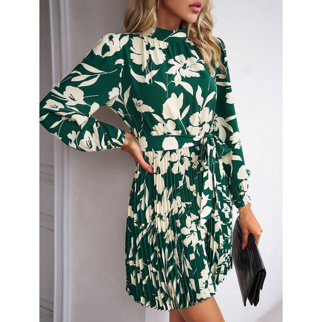 Women Printed Dress with Waistband Long Sleeves Half High Collar Dress Pleated Hem Short Dress
