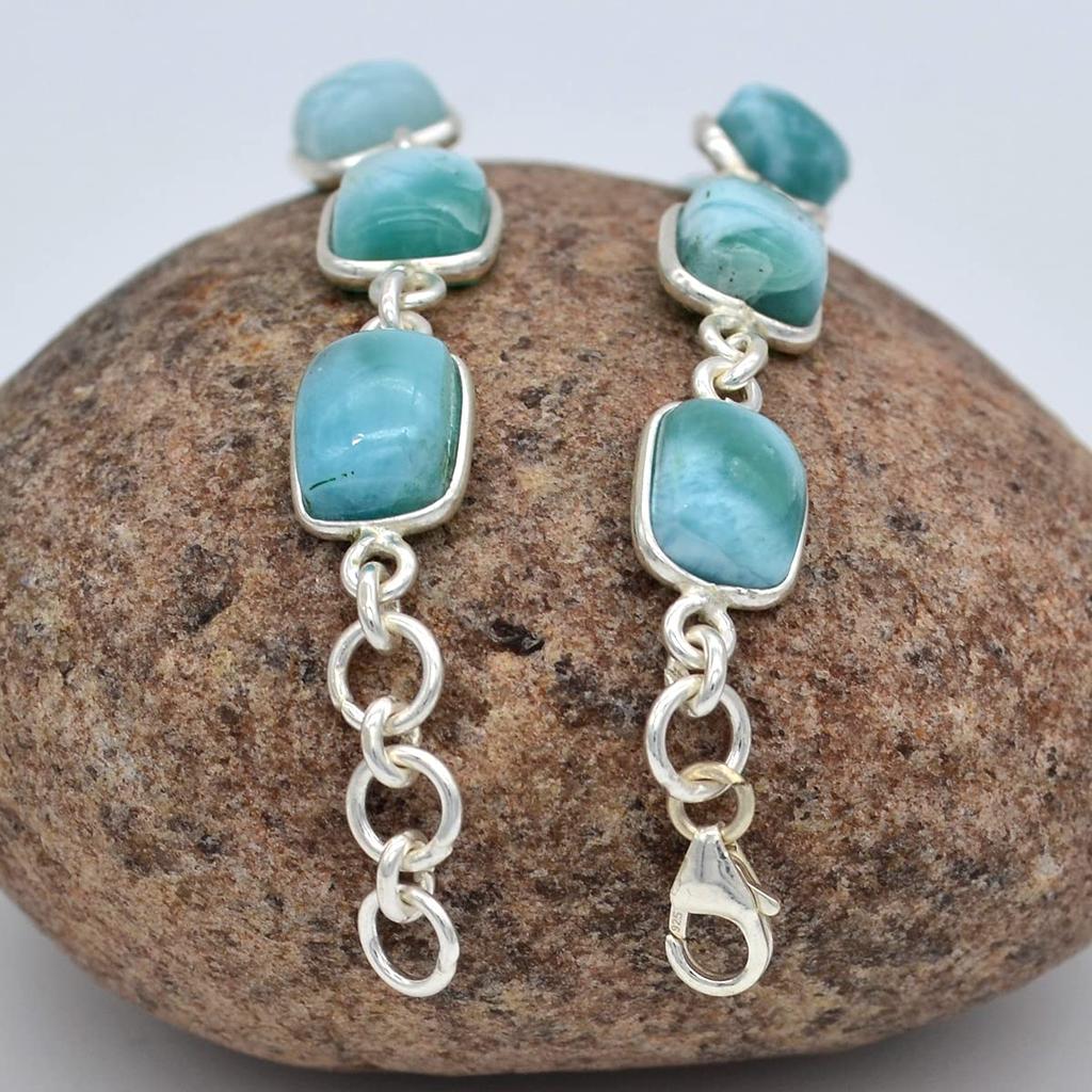 925 Sterling Silver, Natural Larimar Gemstone Bracelet, Handmade Jewelry, Gift for Her, Larimar Jewelry, Wedding Gift, Women Bracelet