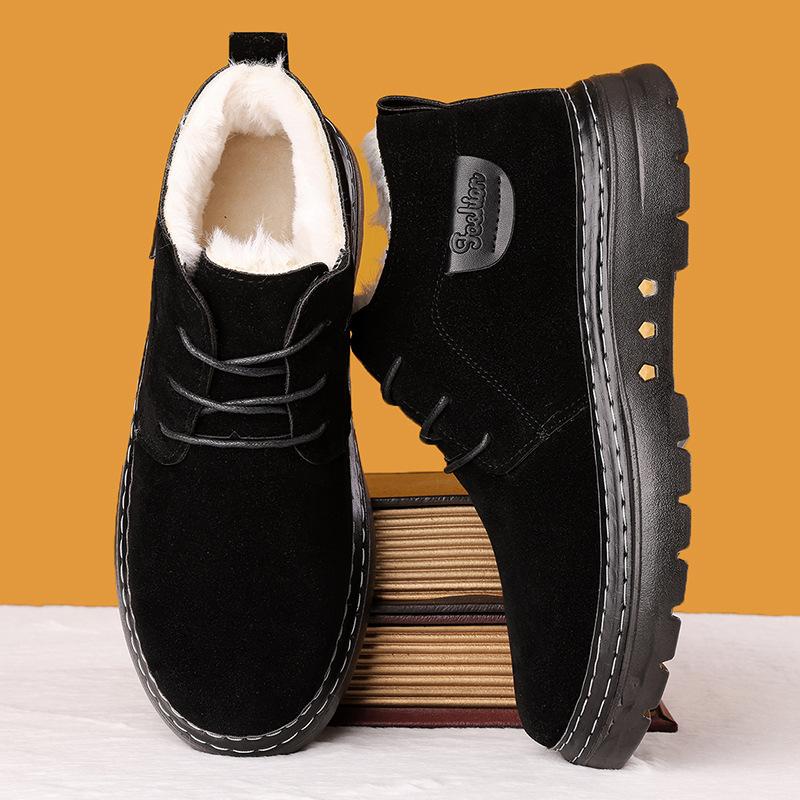 Зимние мужские хлопковые туфли большого размера, ручной работы, мужские туфли, нескользящие и холодостойкие, утолщенные, теплые и с велюровой подкладкой, большие хлопковые туфли