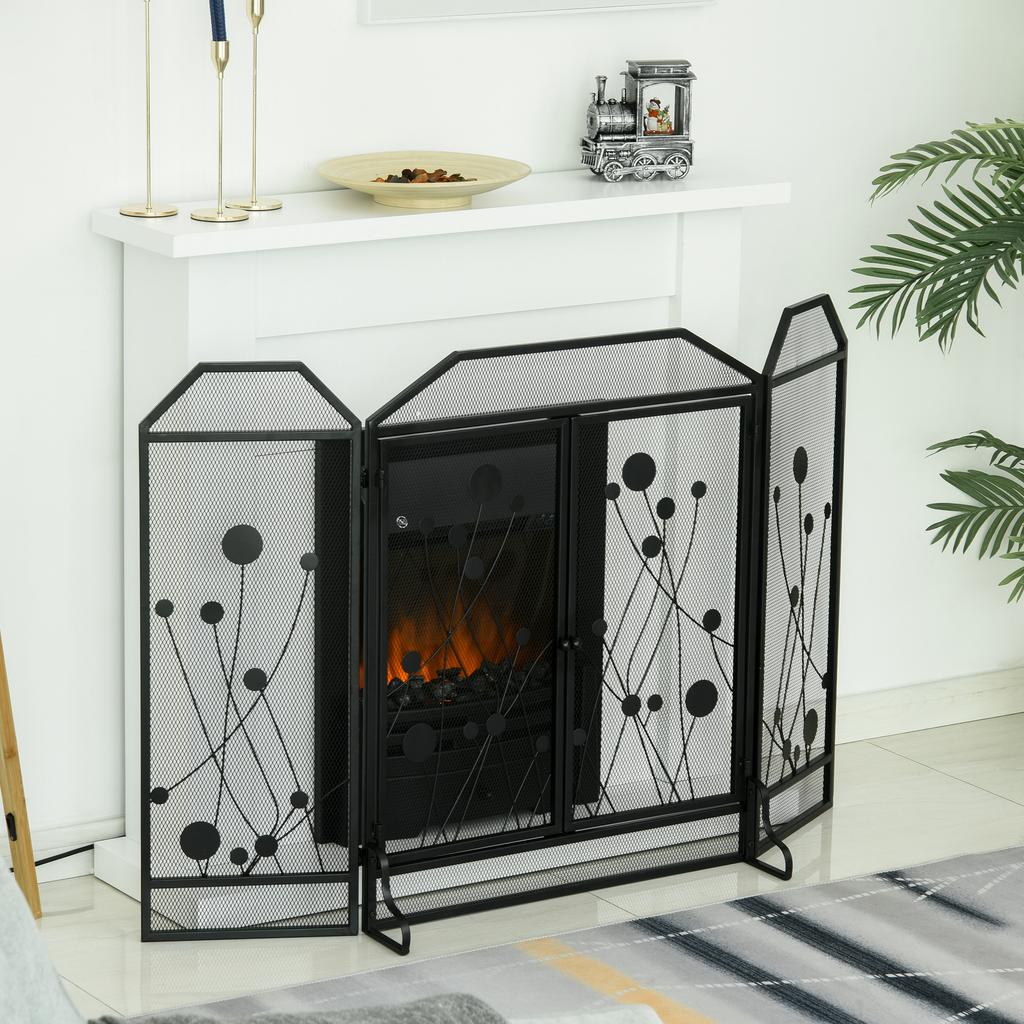 Folding Fireplace Screen in Black Steel and Metal with 2 Magnetic Closing Doors, 125x80cm