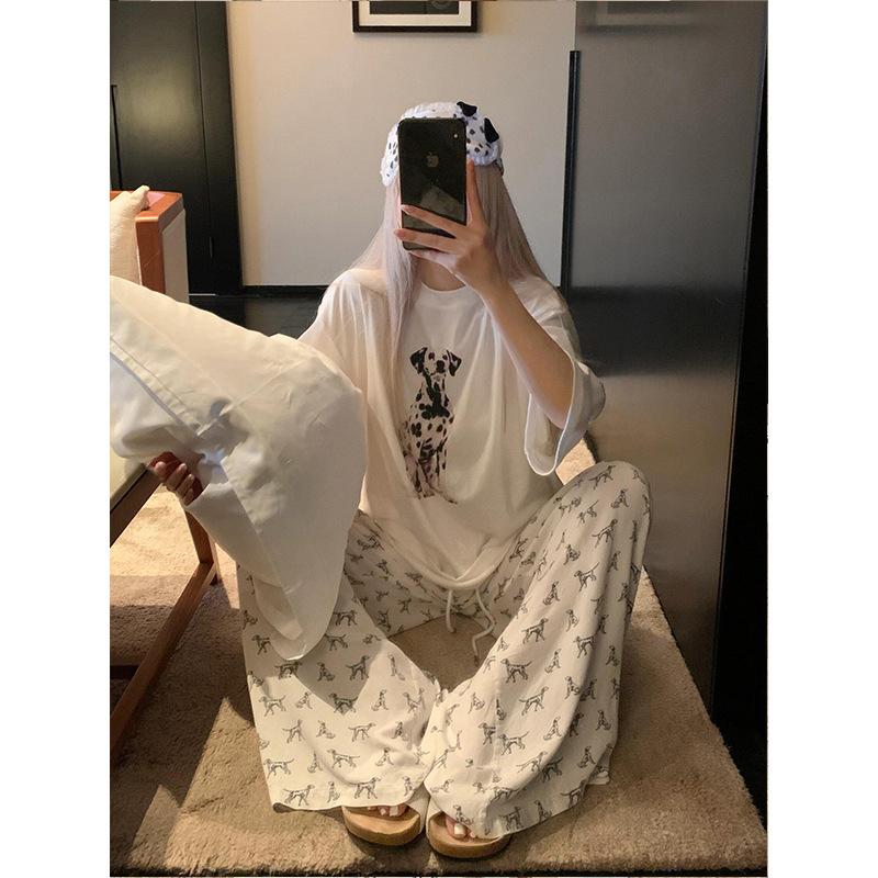 Cartoon puppy printed short-sleeved pajamas women's summer new large-size wide-leg walking pants loungewear set can be worn outside
