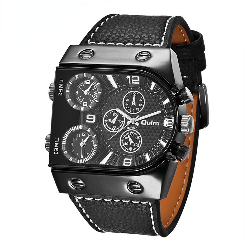 Men's Three Time Zone Leather Strap Sports Watch Outdoor Waterproof Chronograph Quartz Wristwatch