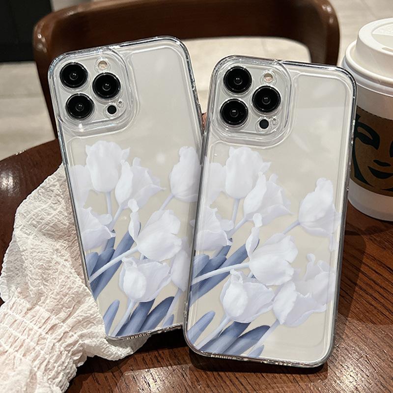 Летний чехол для мобильного телефона iPhone13 белый тюльпан прозрачный чехол для мобильного телефона Apple 17pm противоударный минималистичный стильный модель