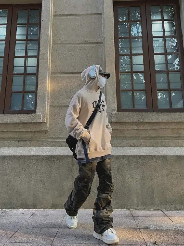 2023 г. Джинсы с высокой талией в стиле ретро, камуфляж, зеленый милитари, широкие