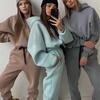 Зимний спортивный костюм из 2 шт./компл., однотонный свободный пуловер с капюшоном, толстые, сохраняющие тепло, топ с эластичной резинкой на талии, спортивные штаны с ремешками на щиколотке