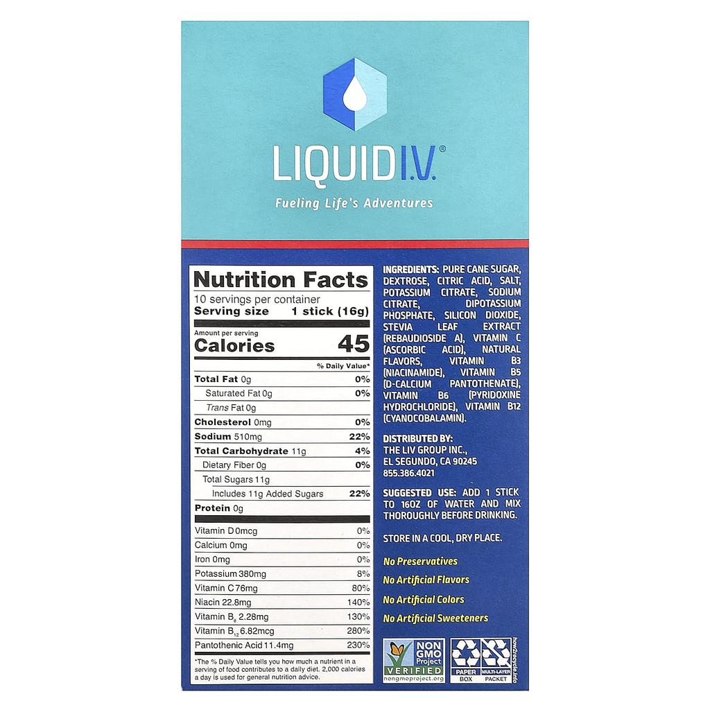Liquid I.V. Hydration Multiplier®, Electrolyte Drink Mix, Strawberry Flavor, 10 Stick Packs, 0.56 Oz (16 G) Each