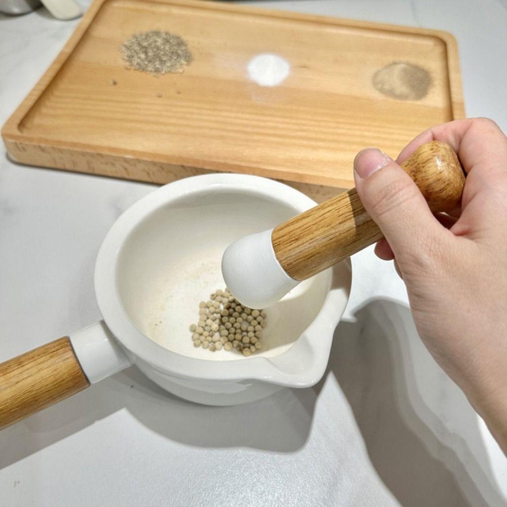 1pc Ceramic Mortar and Pestle with Wooden Handle Sturdy, Efficient Grinder for Seasoning, Spices, and Herbs Comfortable Grip, Wear Resistant Design